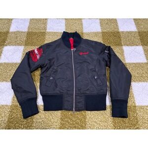 G-Unit Black Nylon Bomber Jacket Koi Fish Embroidery Red Lining Small